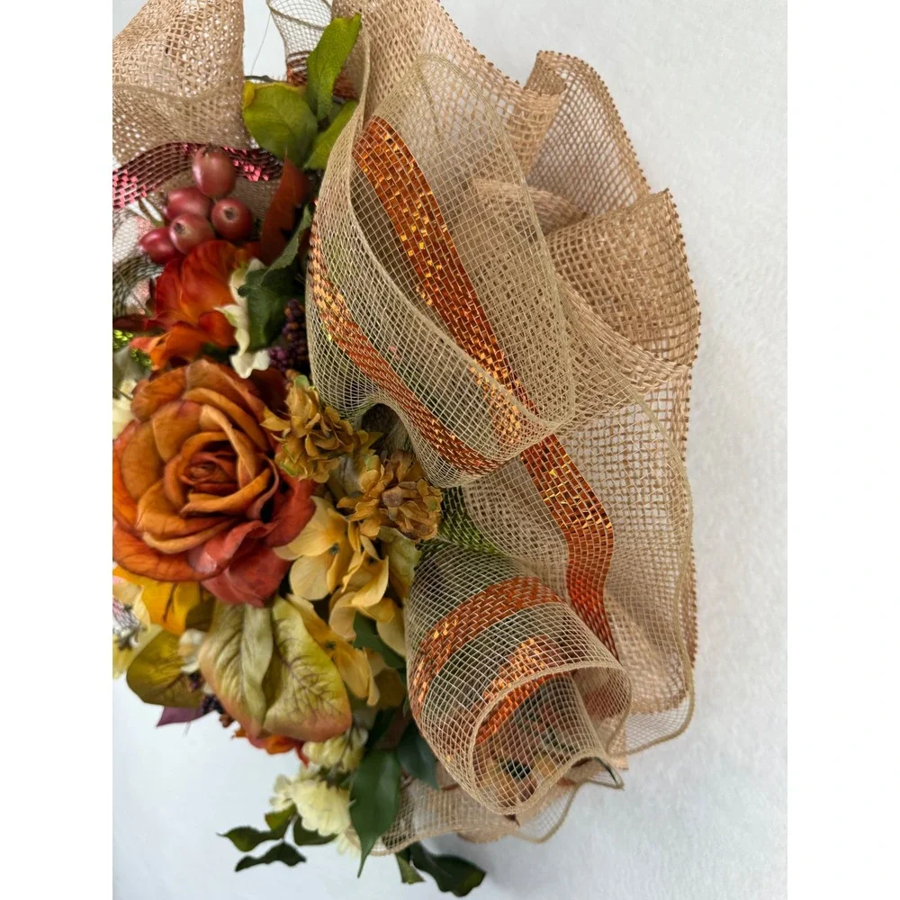 Handmade Fall Floral Wreath Orange Rose Burlap Deco Mesh Autumn Front Door Decor
